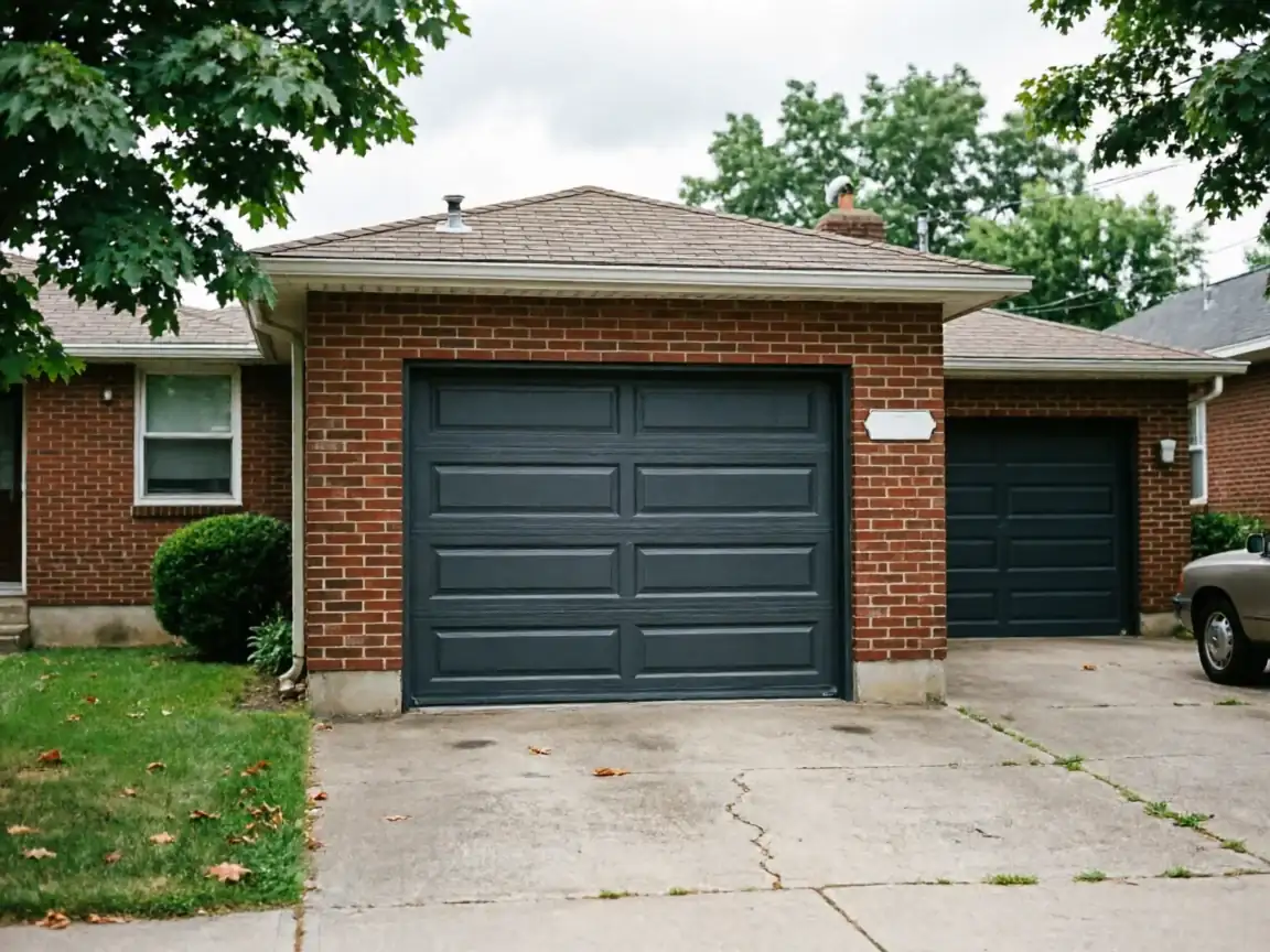 A brick house has two dark gray garage doors and a concrete driveway.