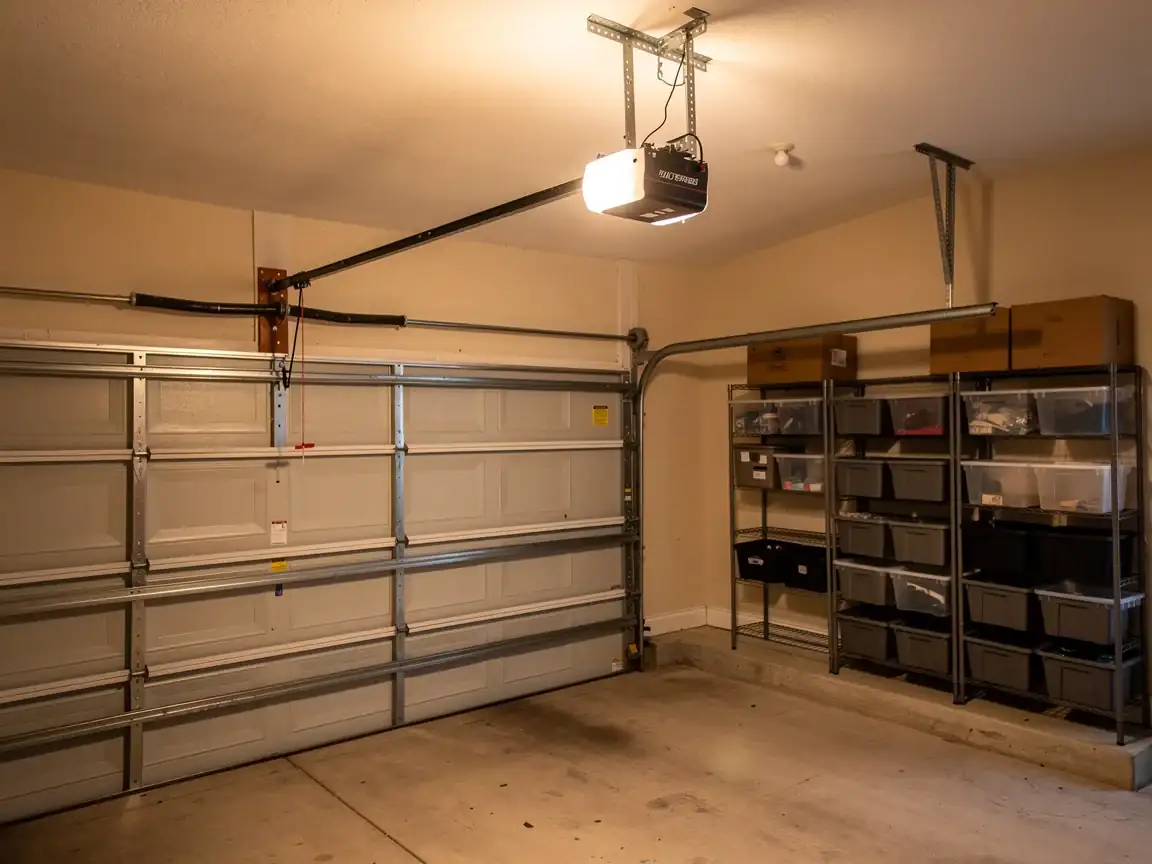 A white garage door is closed with an opener and storage shelves visible.