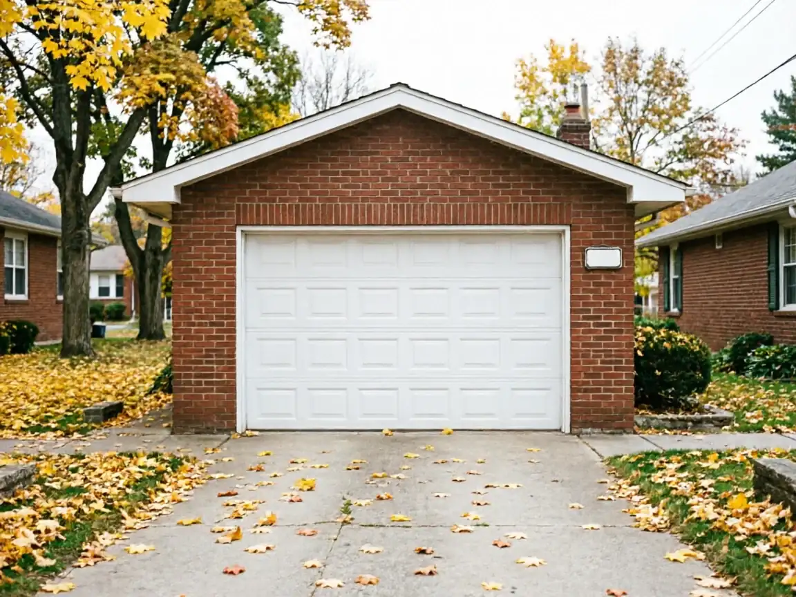 A white garage door on a brick garage with yellow autumn leaves on the ground.